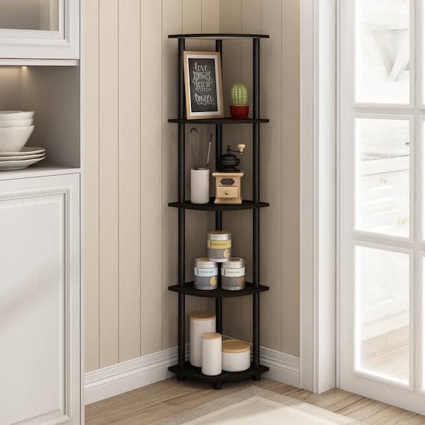 Photo 1 of 57.7 in. Black/Espresso Plastic 5-shelf Corner Bookcase with Open Storage