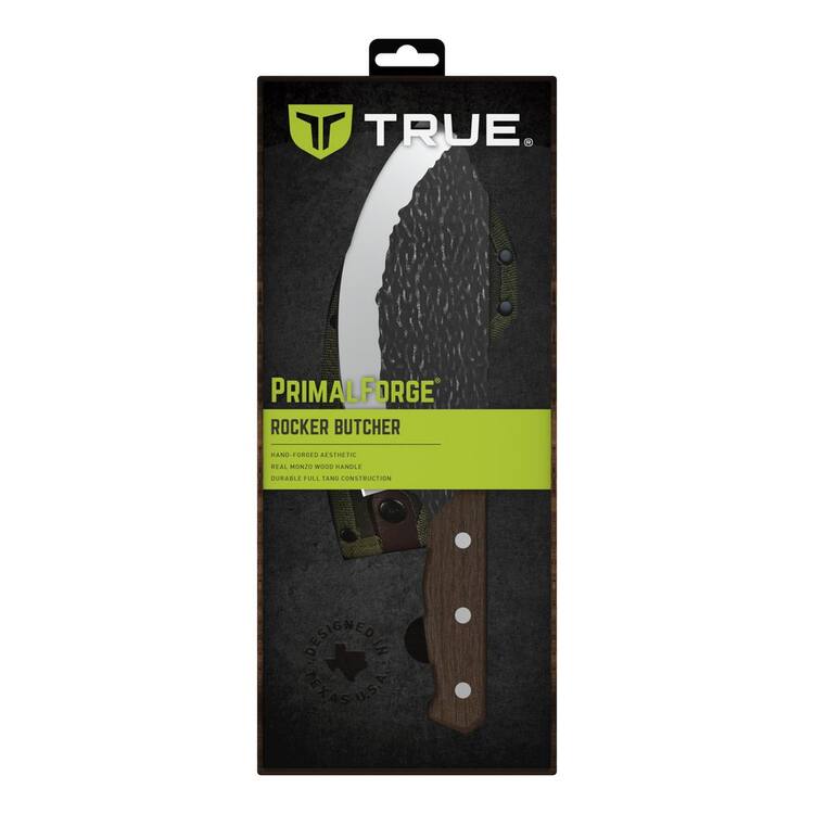 TRUE PRIMAL FORGE ROCKER BUTCHER 8 in KNIFE WITH MONZO WOOD HANDLES AND SHEATH