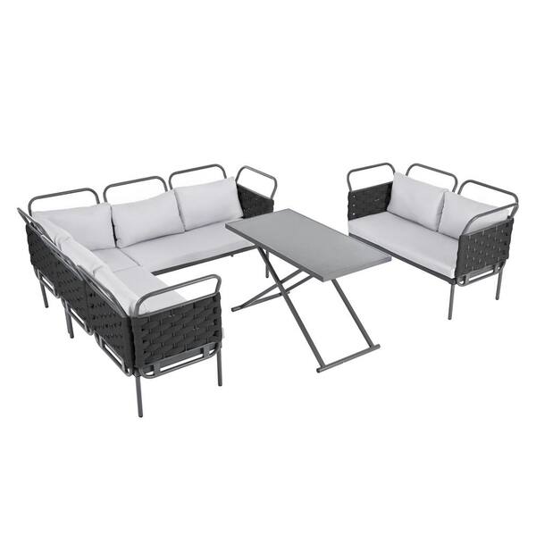 ToolCat 5-Piece Modern Patio Sectional Sofa Set Outdoor Woven Rope Furniture Set with Glass Table and Cushions, Black Plus Gray