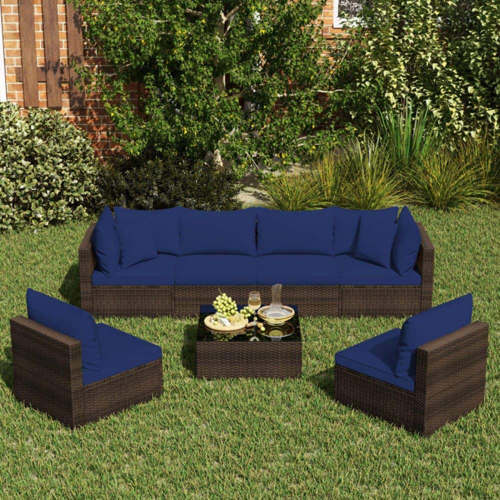 7-Pieces Rattan Metal Patio Conversation Set with Sectional Sofa Cushions in Navy price history on PriceWatchPro