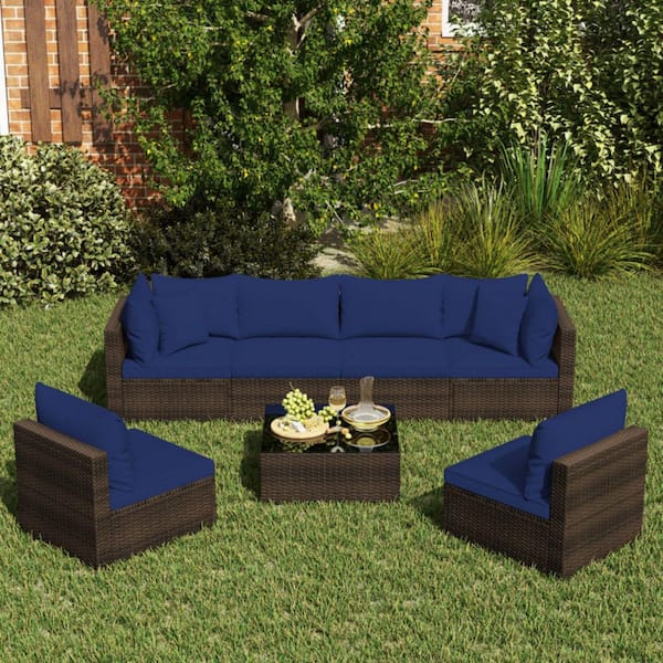 7-Pieces Rattan Metal Patio Conversation Set with Sectional Sofa Cushions in Navy
