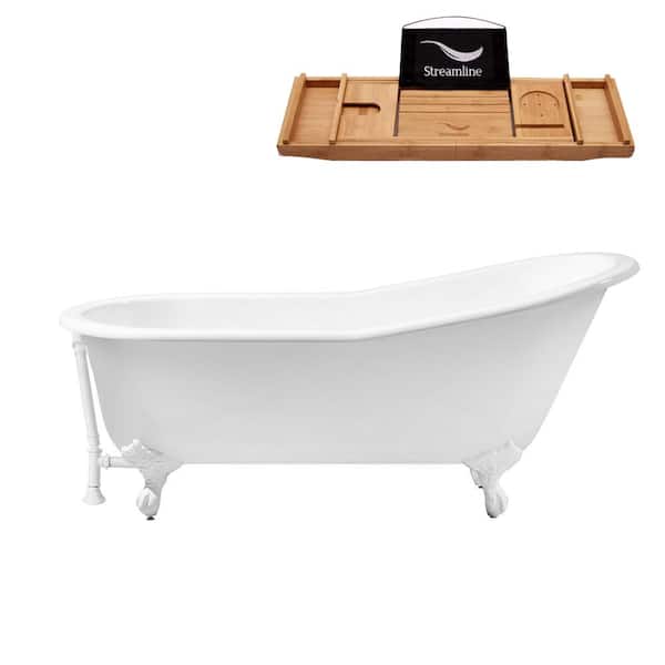 Streamline 61 in. Cast Iron Clawfoot Non-Whirlpool Bathtub in Glossy White with Glossy White Drain and Glossy White Clawfeet