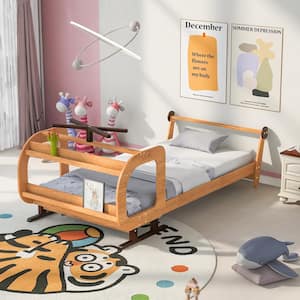 Natural Twin Size Plane Shaped Wood Platform Bed with Rotatable Propeller and Storage Shelves