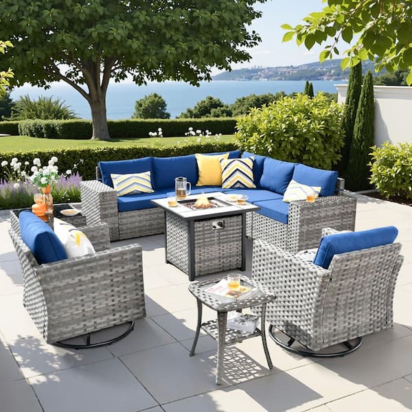 HOOOWOOO Crater Grey 10-Piece Wicker Patio Fire Pit Conversation Sofa Set with Swivel Rocking Chairs and Navy Blue Cushions