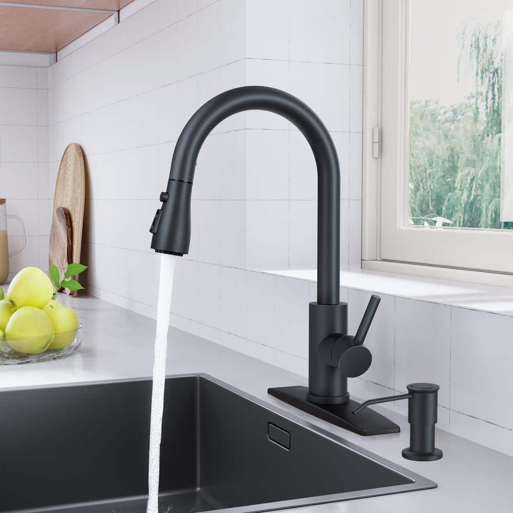 Matte Black Single Handle Pull Down Kitchen Faucet with Soap Dispenser