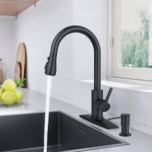 Single Handle Pull Down Sprayer Kitchen Faucet Gooseneck Kitchen Sink Faucet with Soap Dispenser in Matte Black