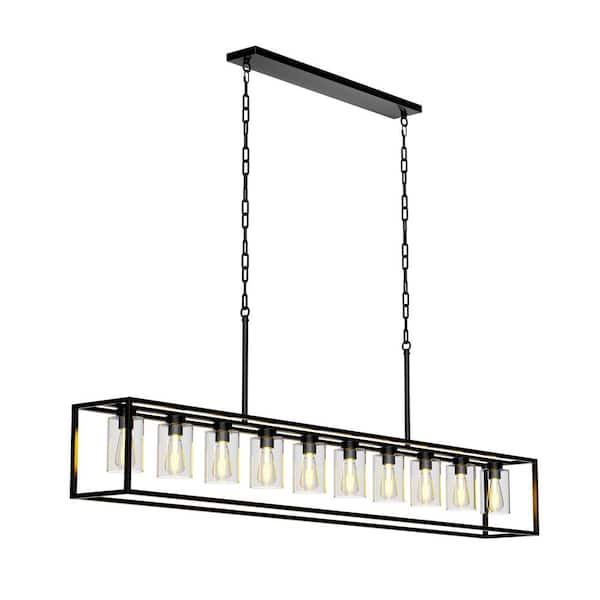 Black Farmhouse Linear Chandelier 10-Light Modern Rectangle Pendant Light with Glass Shades for Kitchen Island