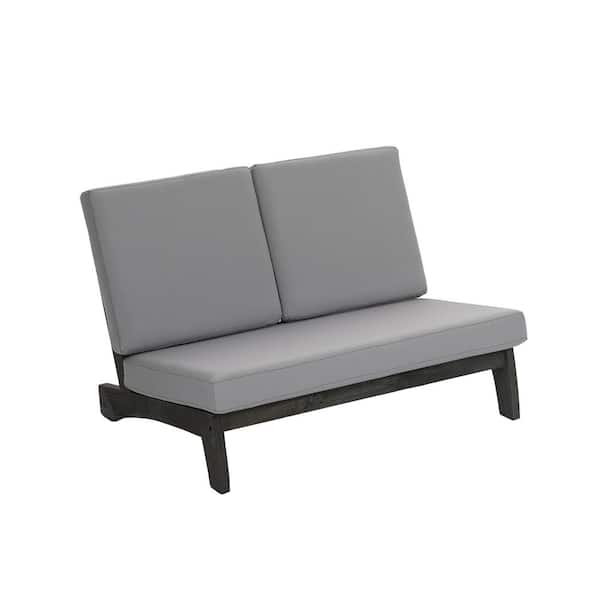 Uixe Acacia Black Wood Outdoor Club Armless Lounge Chair with Gray Sunbrella Cushions (Set of 1)