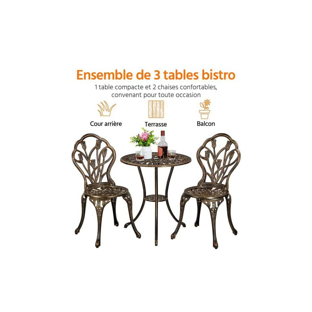 Copper Cast Aluminum 3-Piece Patio Bistro Set with Tulip Design