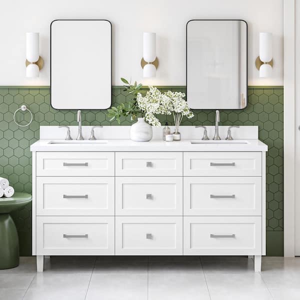 Monroe 66 in. Double Sink Freestanding Bathroom Vanity in White with Pure White Quartz Top