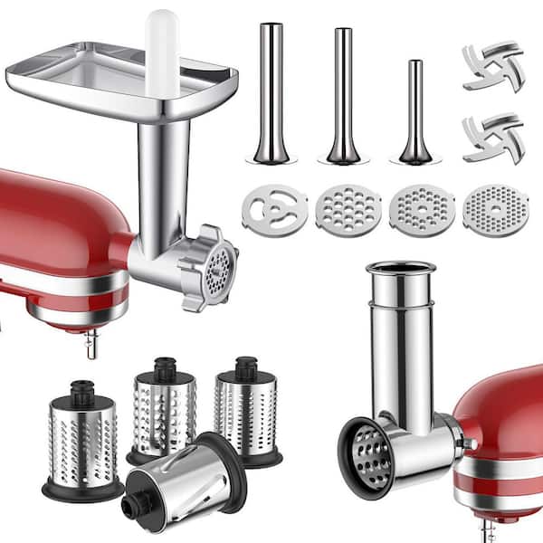 Stainless Steel Slicer Shredder and Meat Grinder Attachment for KitchenAid Stand Mixer, Silver