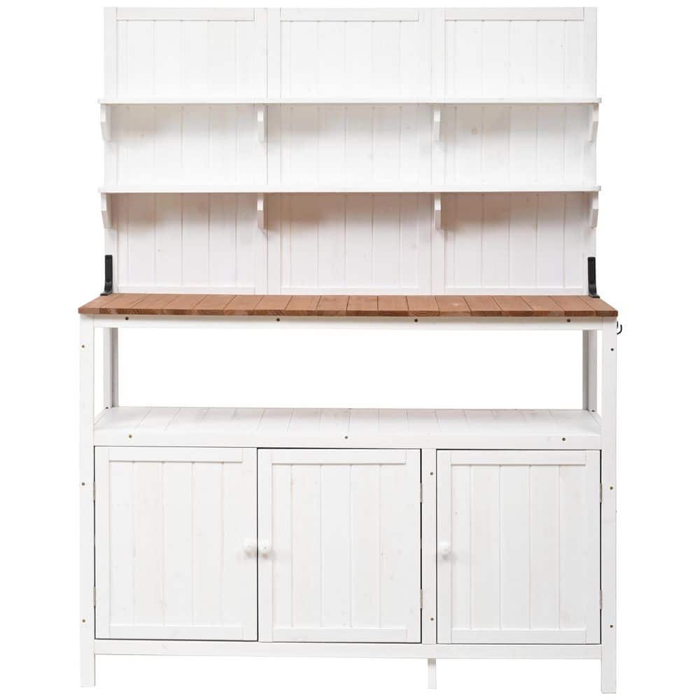 White Fir Wood Garden Workstation with 2 Shelves, 2 Cabinets and 3 Side Hoo