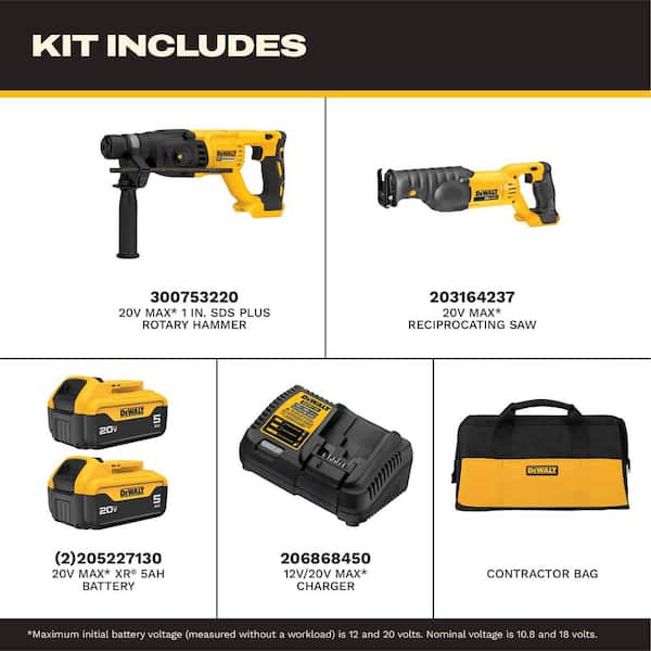 20V MAX XR Cordless Impact Driver/Rotary Hammer 2 Tool Combo Kit, 20V Reciprocating Saw, and (2) 20V 5.0Ah Batteries