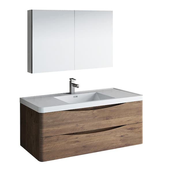 Fresca Tuscany 48 in. Modern Wall Hung Bath Vanity in Rosewood with Vanity Top in White with White Basin and Medicine Cabinet