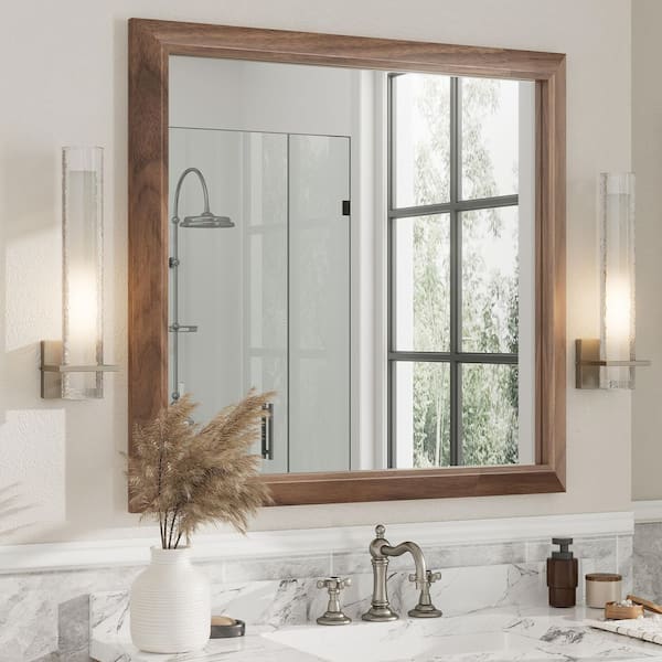 Apmir 40 in. W x 38 in. H Rectangular Aluminum Alloy Framed and Tempered Glass Wall Bathroom Vanity Mirror in Dark Brown Wood