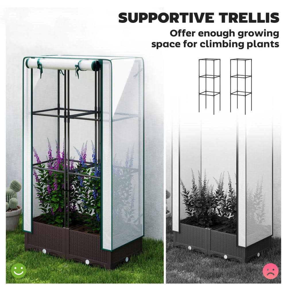 Brown Plastic Raised Garden Bed with Trellis and PE Greenhouse Cover