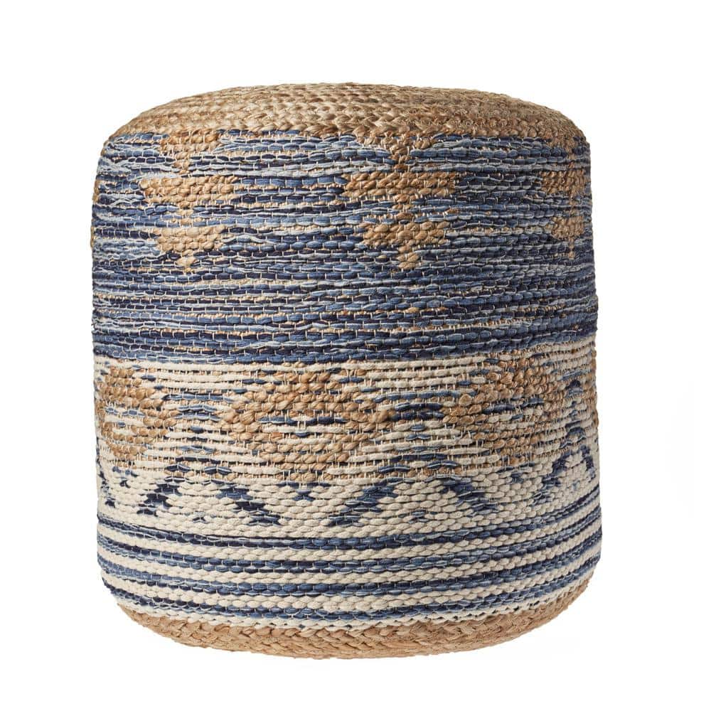 Natural Navy Jute Round Pouf with Geometric Pattern
