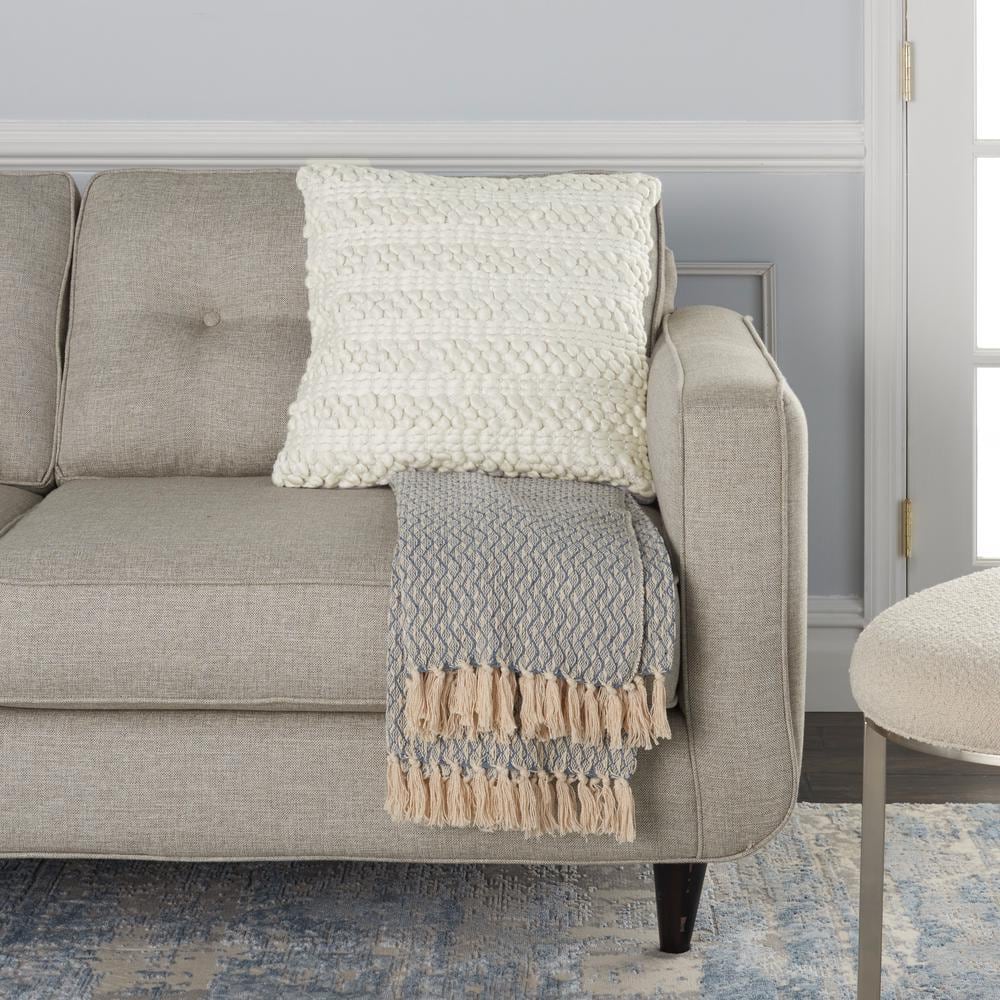 Woven Stripes Kids Square Throw Pillow 20" in White Cotton