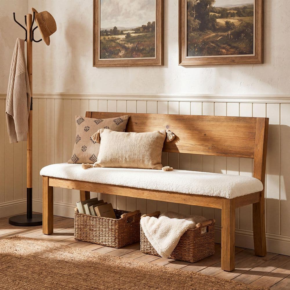 Ashford 55.12 in. Brown Solid Wood Entryway Bench with Back and Cushion, Heavy Duty Dining Bench for Kitchen