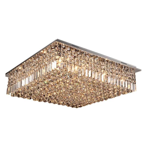 9-Light Silver Modern Square K9 Clear Crystal Chandelier for Kitchen Living Room Bedroom with Bulbs Included