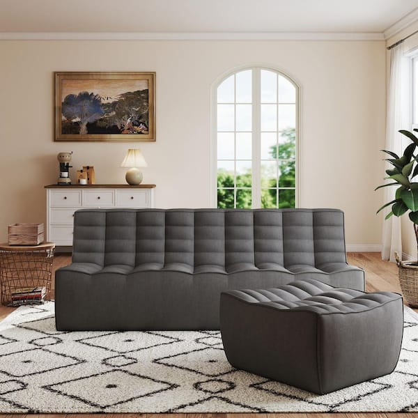 Magic Home Set of 2 82 in. Black Modular Fireside Lazy Floor Sofa Couch Linen 3-Seater Loveseat Sectional Sofa with Ottoman