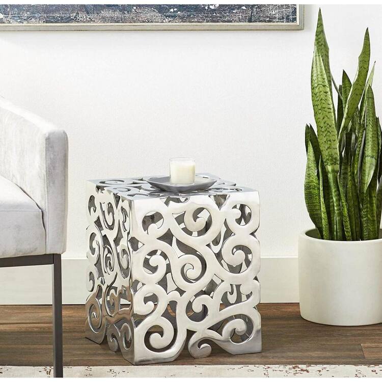 HomeRoots 12 in. Silver Square Metal End Table