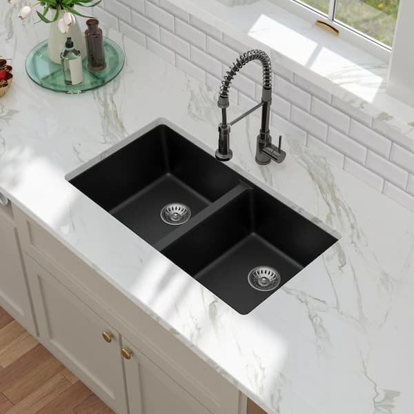 Sarlai 33-Inch Black Granite Composite Double Bowl Kitchen Sink – 33x19 Under Mount 50/50 Basin With Matte Black Quartz Finish & Accessories