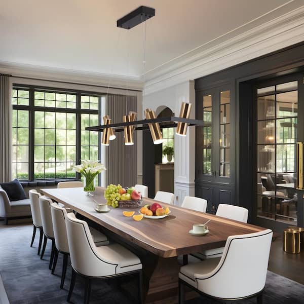 7-Light Modern Chandelier Lights, Brass 40W Integrated LED Light, Black Rectangle Kitchen Pendant Lights over Island