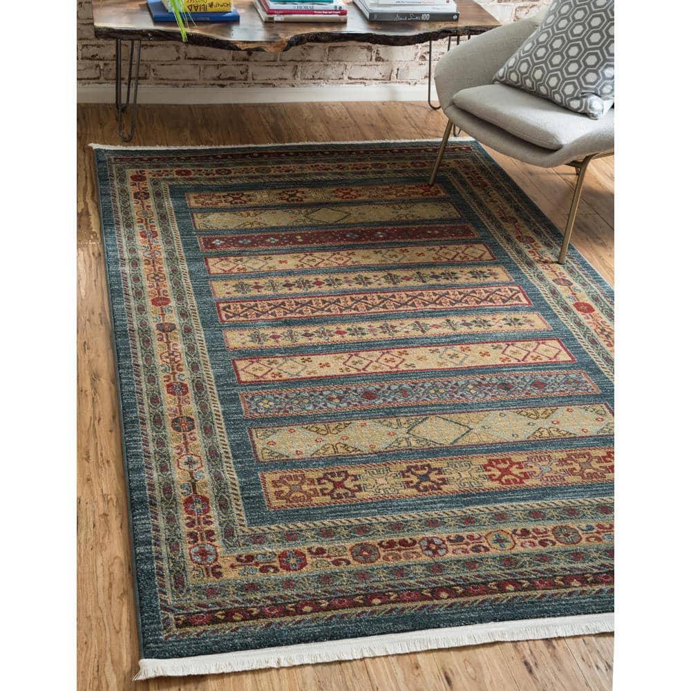 Blue Geometric Easy Care Stain-Resistant Synthetic Rug 5'1" x 8'
