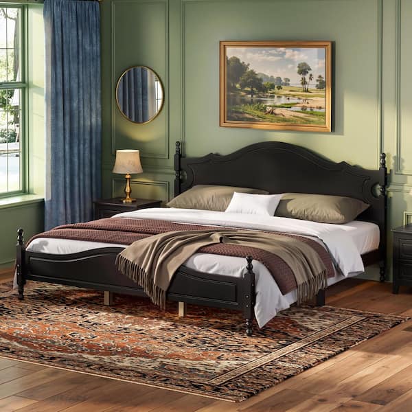 Clarissa Retro Black Wood Frame King Size Platform Bed with Headboard