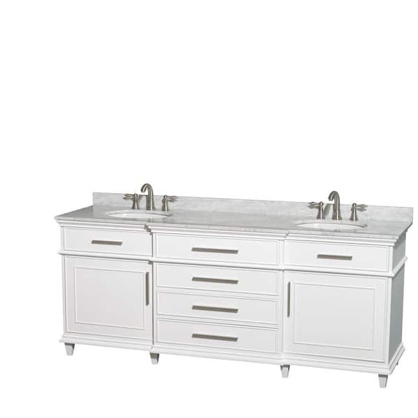 Wyndham Collection Berkeley 80 in. Double Vanity in White with Marble Vanity Top in Carrara White and Oval Basin