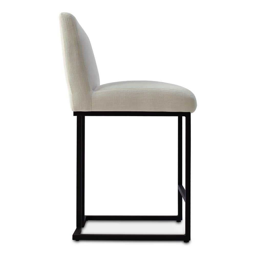 Beige Upholstered Counter Stools with Black Metal Sled Legs, Set of 2