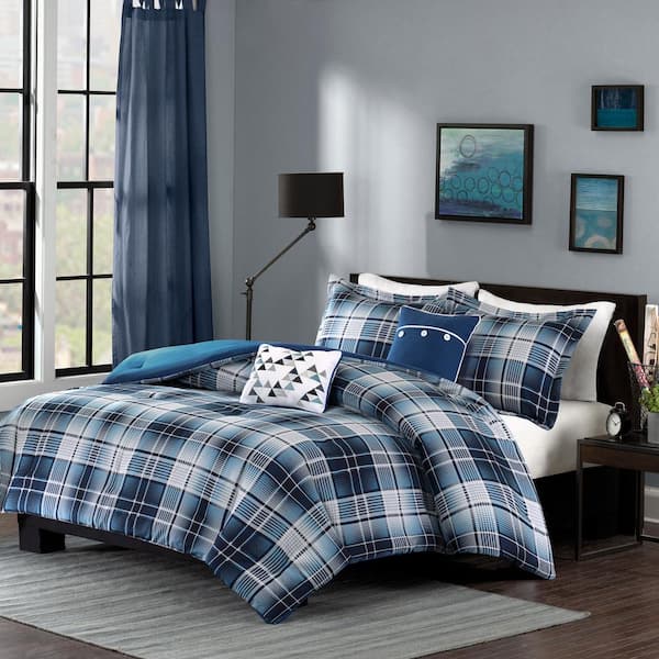 BLUE RED GREY NAVY WHITE PLAID STRIPE BOYS COMFORTER SET FULL QUEEN TWIN & XL 