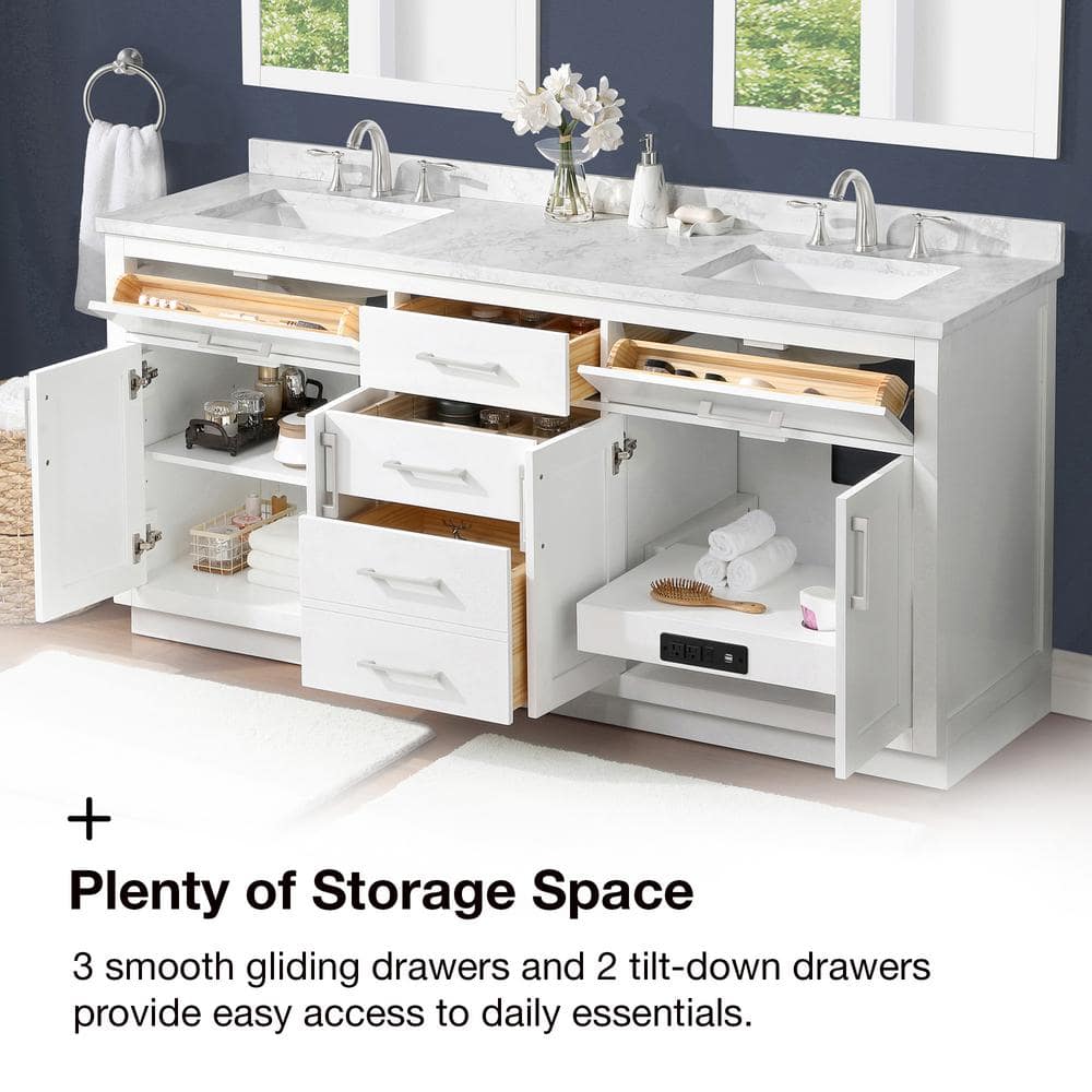 Athea 72" Pure White Double Freestanding Bathroom Vanity with Marble Top