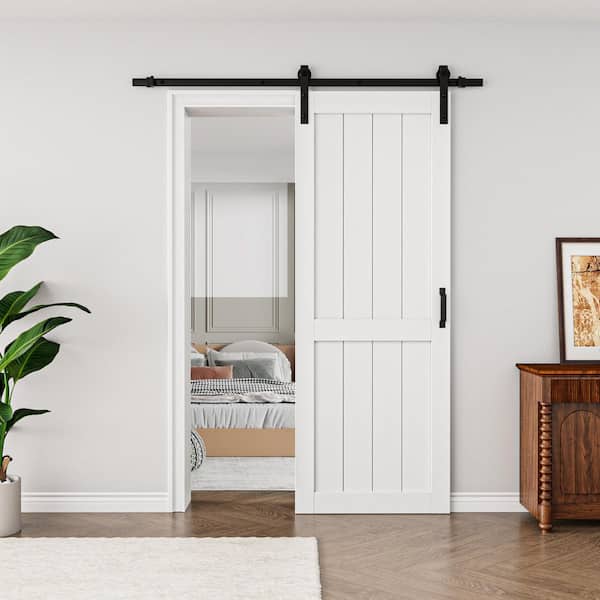 30 in. x 84 in. White Paneled H Style White Primed MDF Sliding Barn Door with Soft Close and Hardware Kit