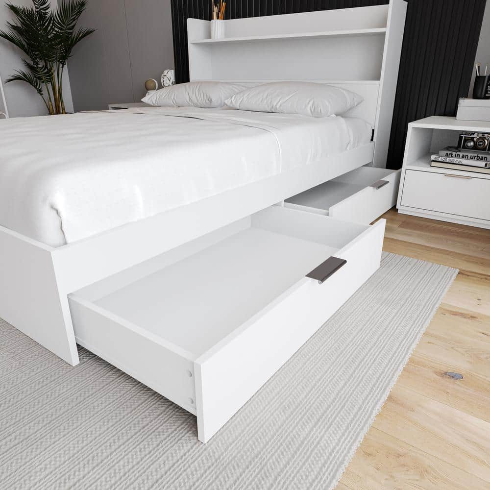White Full Captain's Bed with Storage Drawers and Slats
