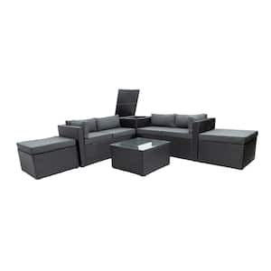 6-Piece Wicker Patio Conversation Set with Gray Cushions and Storage Box