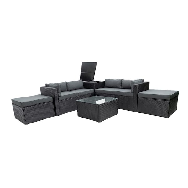 Maincraft 6-Piece Wicker Patio Conversation Set with Gray Cushions and Storage Box