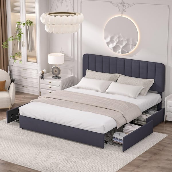 Platform Storage Bed Black Metal + Wood Bed Frame King Platform Bed with Velvet Upholstered Headboard and 4-Drawers