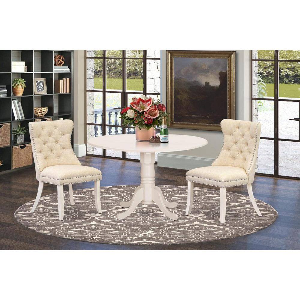 Linen White Round Drop Leaf Dining Table Set with Beige Upholstered Chairs