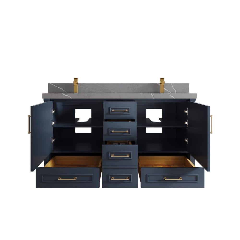 Navy Blue Double Sink Freestanding Vanity with Gray Quartz Top
