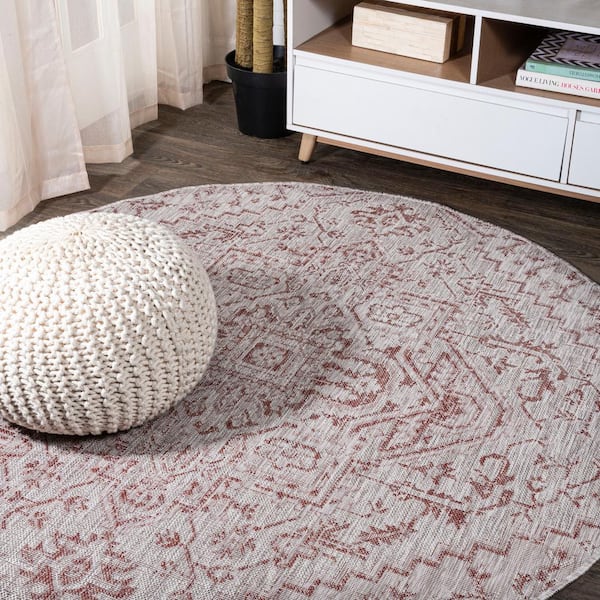 Estrella Bohemian Medallion Textured Weave Red/Taupe 5 ft. Round Indoor/Outdoor Area Rug