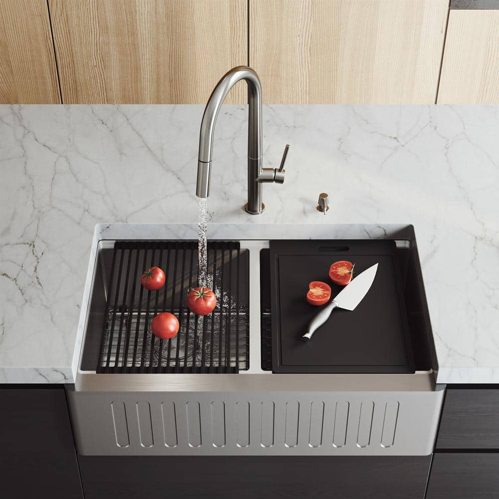 Oxford 33" Stainless Steel Double Bowl Farmhouse Kitchen Sink with Accessories