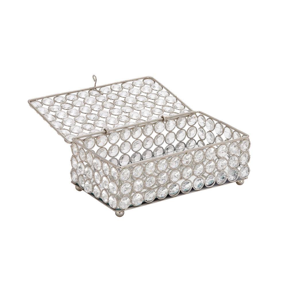 Silver Metal Rectangular Jewelry Box with Rhinestone Embellishments