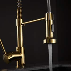 Modern Single Handle Pull Down Sprayer Kitchen Faucet High-Arc in Brushed Gold