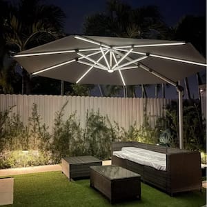 12 ft. Octagon Solar Powered LED Patio Umbrella Outdoor Round Large Cantilever Umbrella Heavy-Duty Sun Umbrella in Gray
