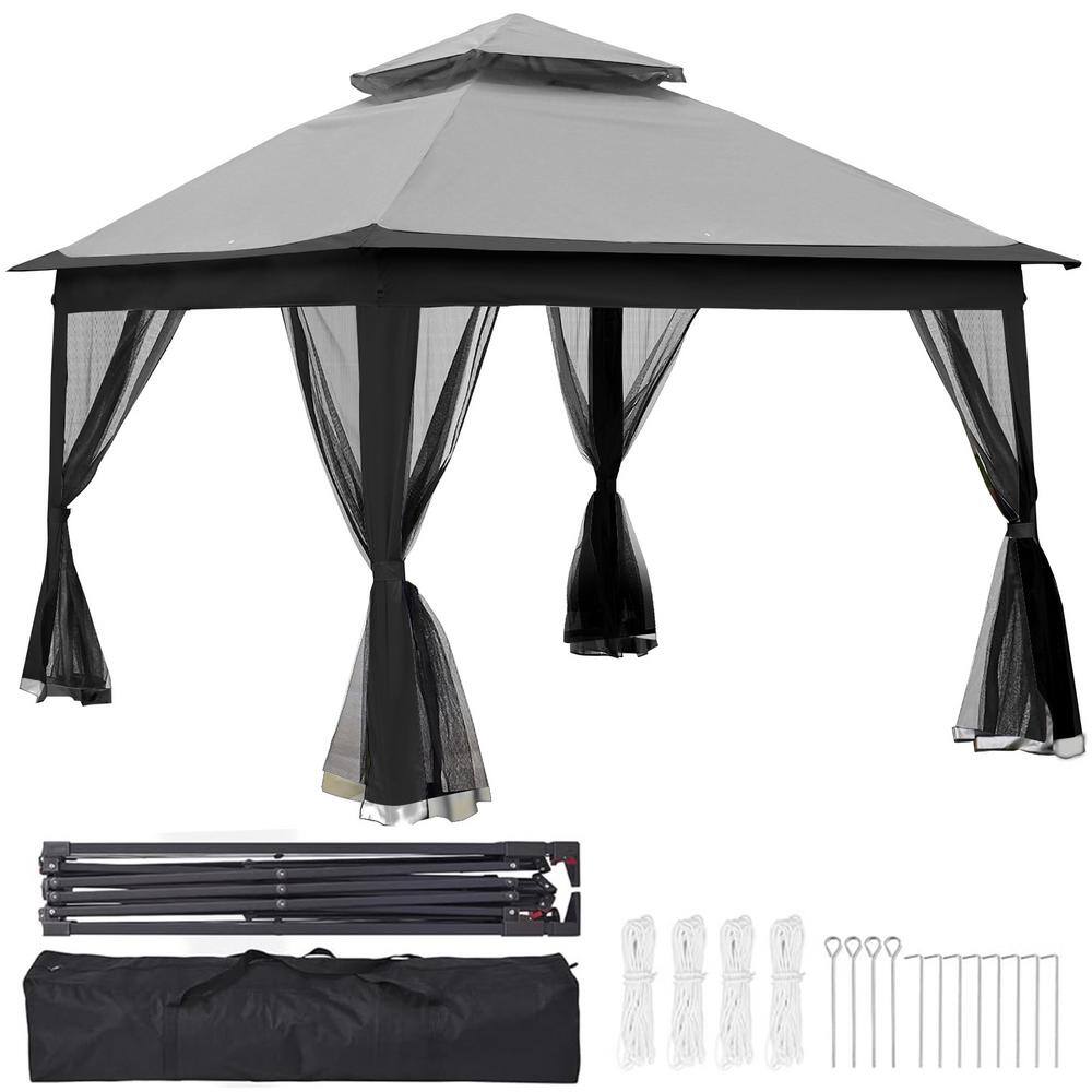 11 ft. x 11 ft. Beige Steel Pop-Up Gazebo with Mosquito Netting for ...