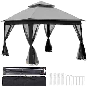 11 ft. x 11 ft. Beige Steel Pop-Up Gazebo with Mosquito Netting for Patio and Lawn, Grey