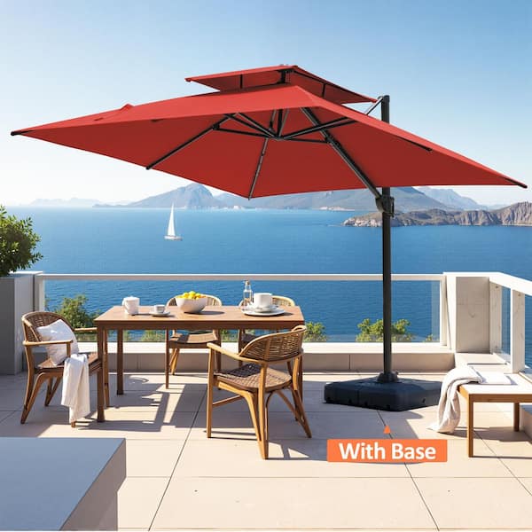 Pellebant 10 ft. Square Double Top 360° Rotation Aluminum Cantilever Tilt Outdoor Patio Umbrella in Red with Wheeled Base