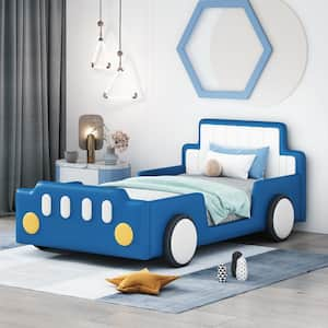 Blue Twin Size Race Car-Shaped Cute Kids Bed Platform Bed with Wheels